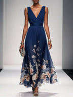 Navy Blue Floral Mesh V Neck Sleeveless A-Line Maxi Dress