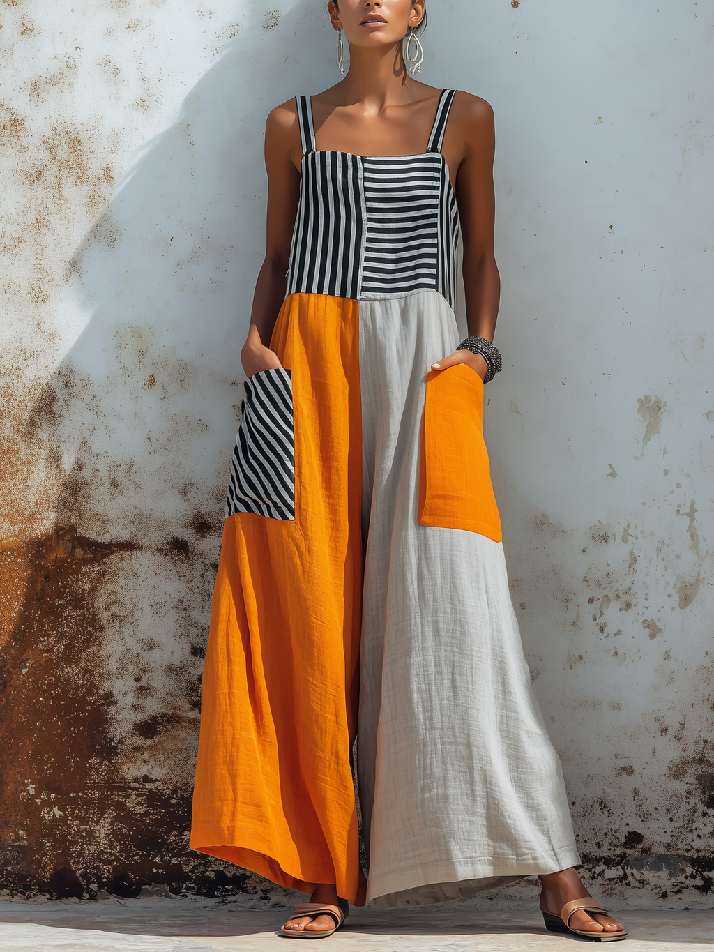 Bold Color-Block Linen-Blend Wide-Leg Jumpsuit With Patch Pockets