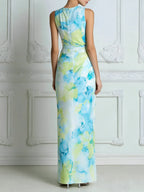 Draped Cowl Neck Printed Maxi Dress