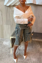 Off‑Shoulder Wrap Shirt & Denim Cargo Knee Shorts Outfit
