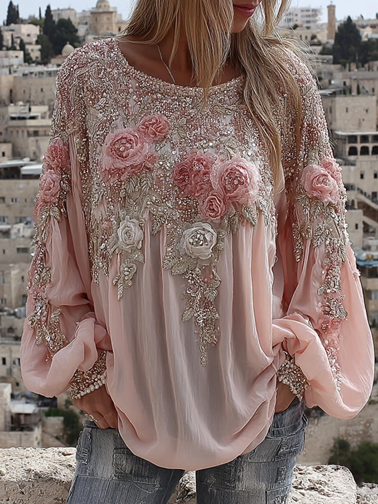 Women's Boho Pink Rose Embroidered Art Crew Neck T-shirt