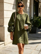 Women's 3D Floral Cuff Balloon Sleeve Mini Dress, Front Floral Button Cotton Linen Blend Shift Dress