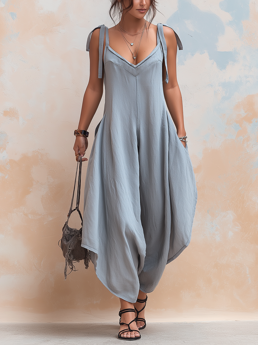 Grey Tie-Shoulder Oversized Harem Linen Jumpsuit