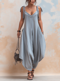 Grey Tie-Shoulder Oversized Harem Linen Jumpsuit