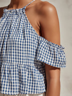 Blue & White Gingham Halter Cold-Shoulder Tiered Maxi Dress