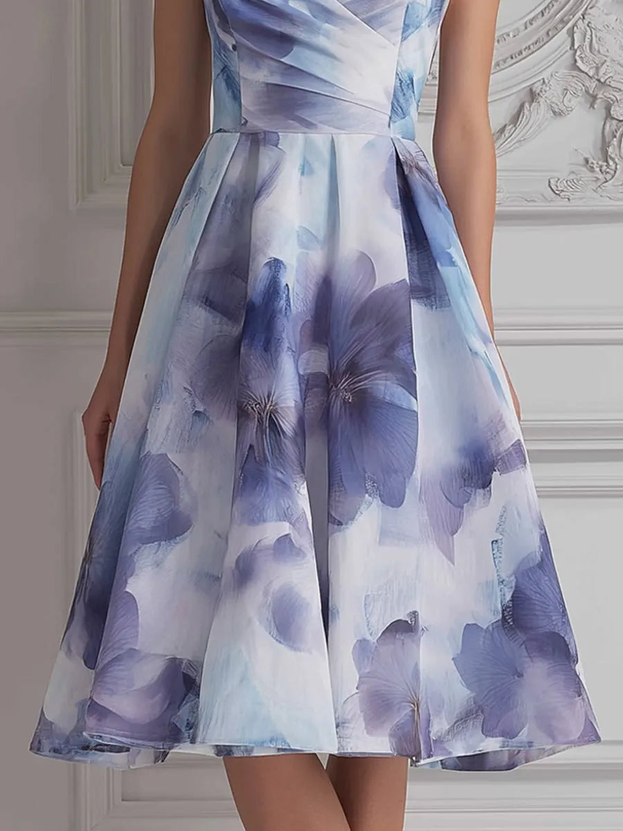 Blue Watercolor Floral Print A-line Flared Midi Dress