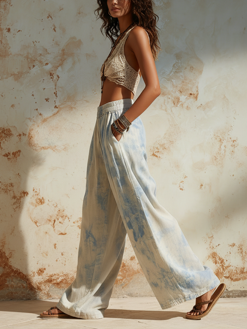 Beige High-Waisted Wide-Leg Pants With Elastic Waistband