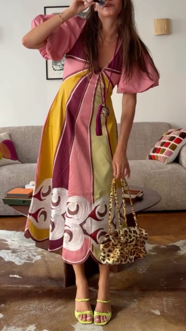 Multicolor Block Print Puff Sleeve Boho Midi Dress