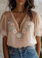Elegant Floral Embroidered Sheer Lace Blouse - V-Neck Puff Sleeve Top