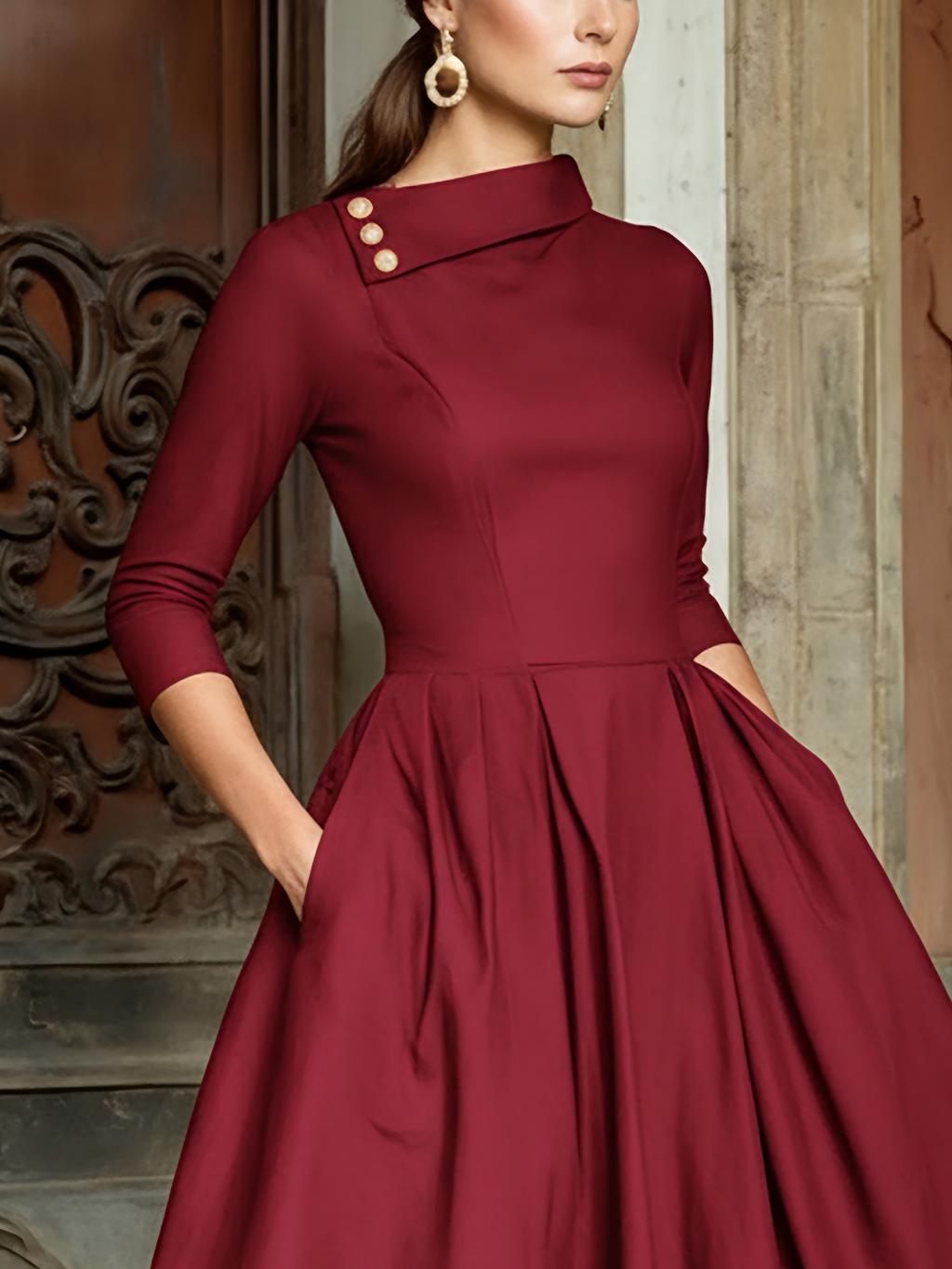 Midi Cotton Dress, Half Sleeve, Shawl Collar, Plain, Pocket Design, Vintage, Crimson