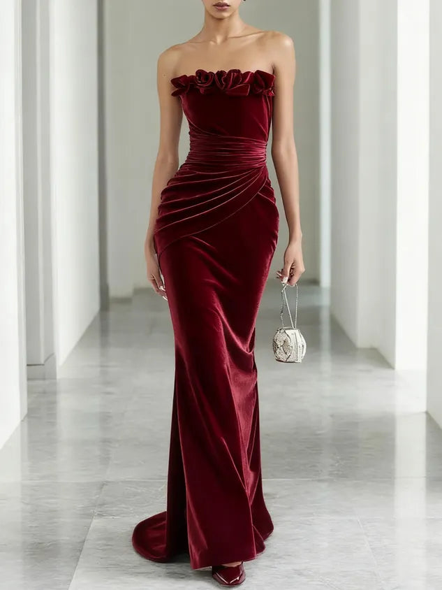 Wine Red 3D Floral Velvet Strapless Sleeveless Sheath Gown Dress