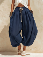 Navy Blue Linen Drawstring Harem Pants