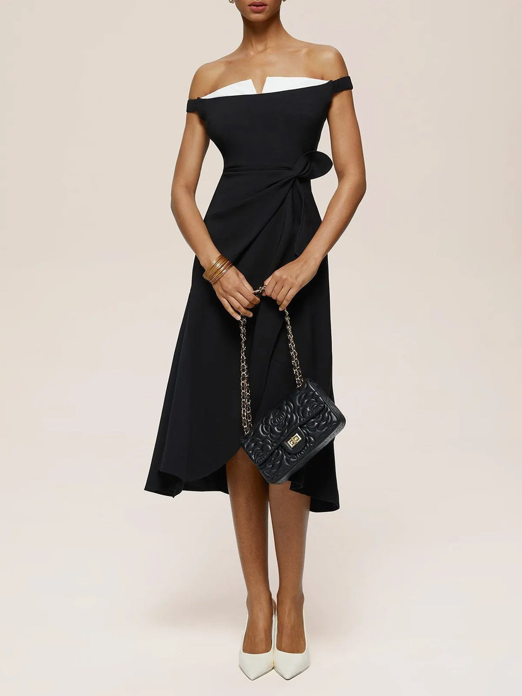 Black Off The Shoulder Sleeveless A-Line Midi Dress