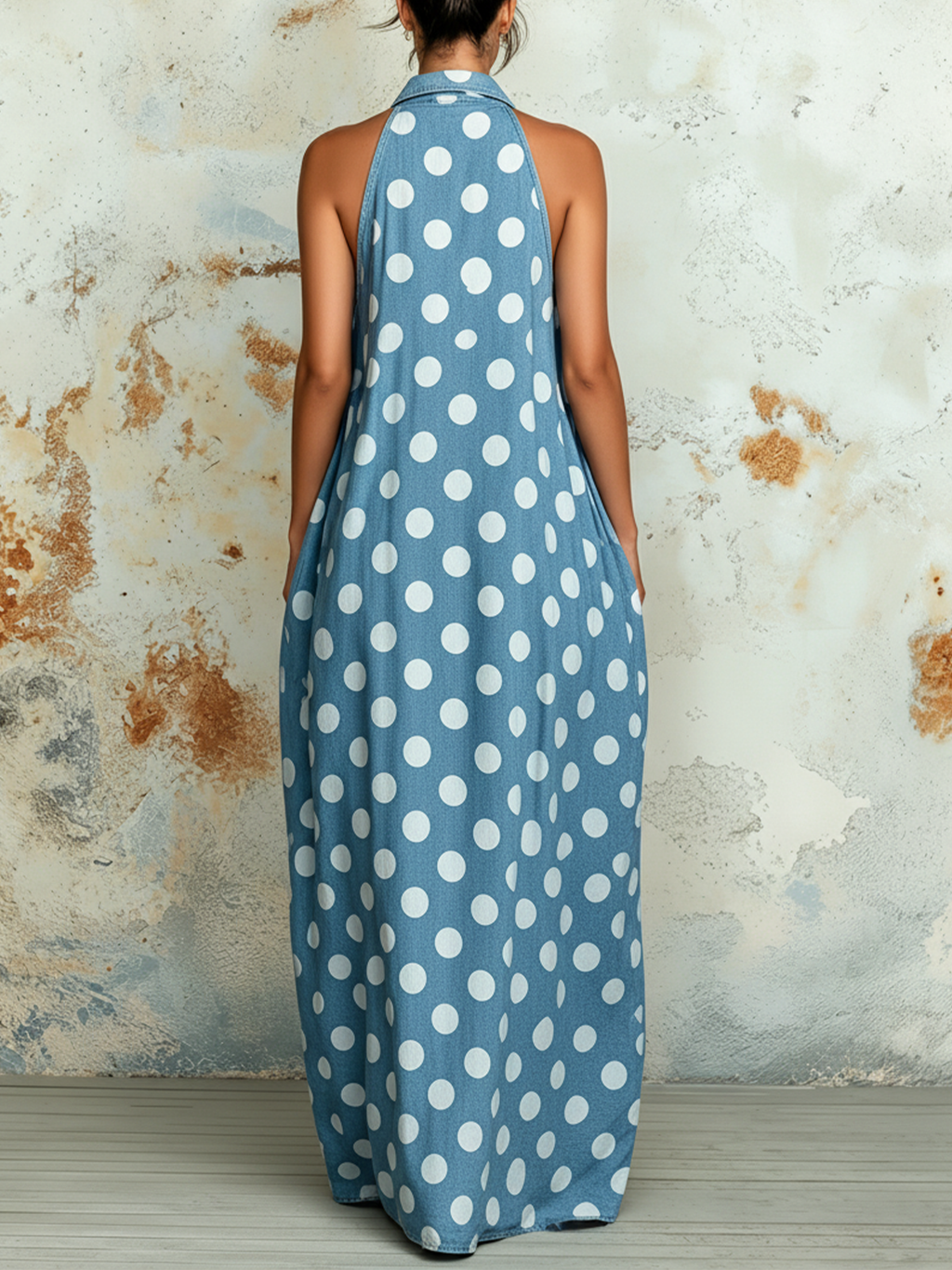 Lightweight Denim Polka Dot Halter Maxi Dress