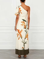 Off White Floral Peplum Satin One Shoulder Sleeveless A-Line Maxi Dress