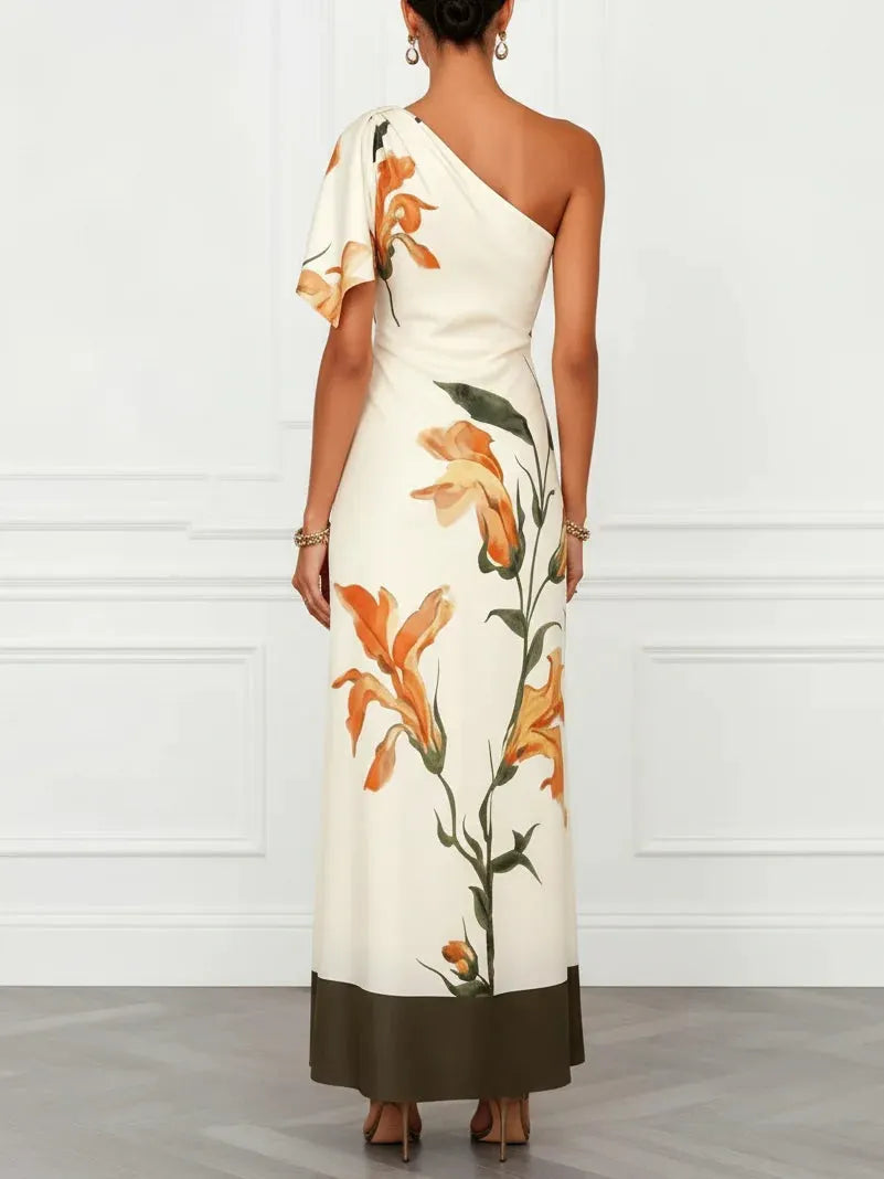 Off White Floral Peplum Satin One Shoulder Sleeveless A-Line Maxi Dress
