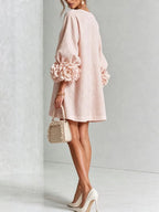 Women's 3D Floral Cuff Balloon Sleeve Mini Dress, Front Floral Button Cotton Linen Blend Shift Dress