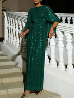 Green Sequin Dolman Sleeve Sheath Maxi Dress