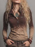 Retro Washed Half-zip Gradient Denim Blouse