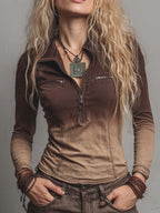 Retro Washed Half-zip Gradient Denim Blouse