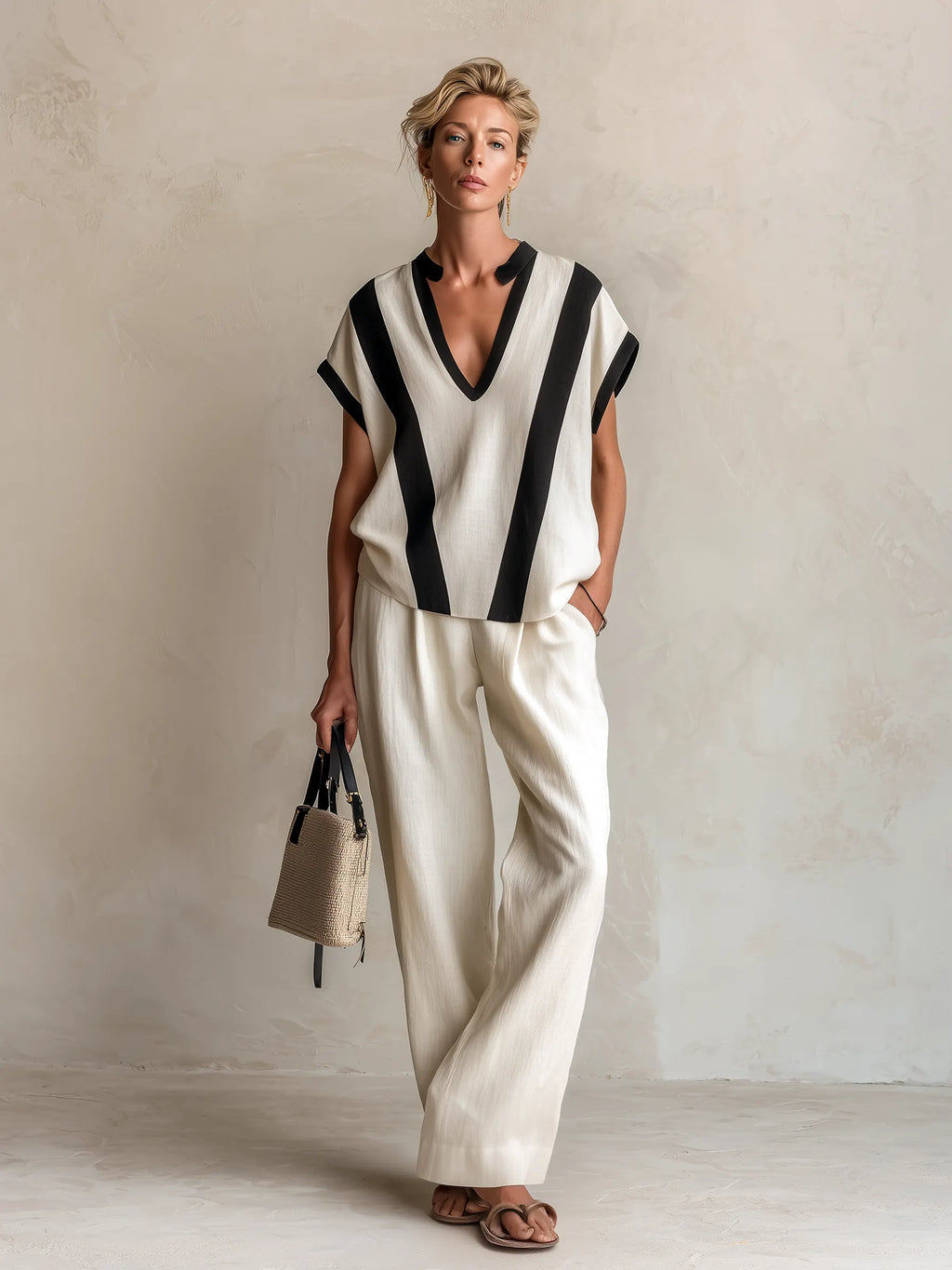 Cream Linen-Blend Color-Block V-Neck Top & Wide-Leg Pants Two-Piece Set