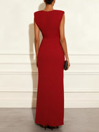 Red Ruffled Knit V Neck Sleeveless Sheath Maxi Dress
