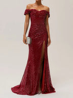 Blue Ruched Slit Sequin Off The Shoulder Short Sleeve Sheath Gown