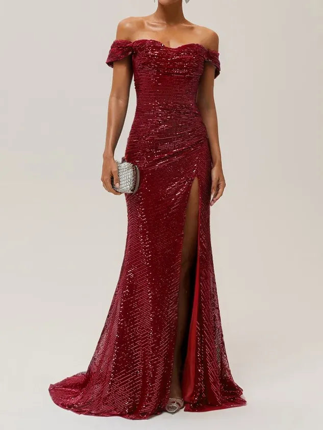 Blue Ruched Slit Sequin Off The Shoulder Short Sleeve Sheath Gown