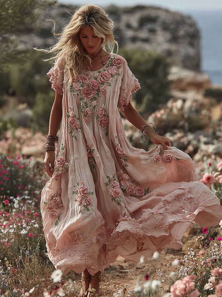 Women's Pink Floral Art Flowy Linen Blend Casual Short Sleeve Maxi Dress
