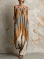 Boho Chevron Colorblock Halter Backless Harem Jumpsuit