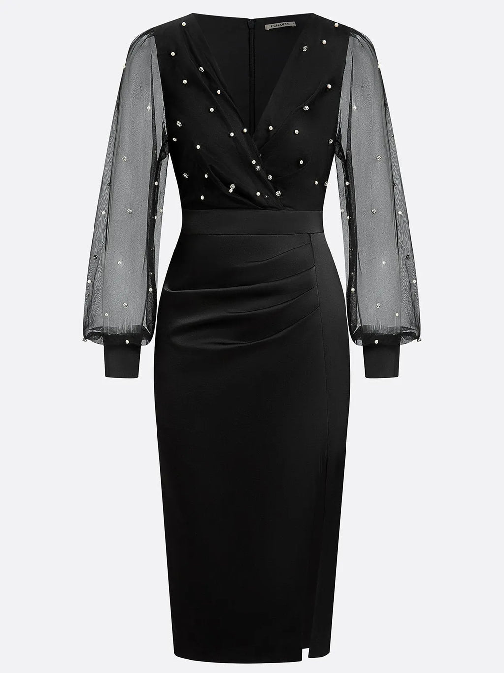 Black Beaded Slit Satin V Neck Long Sleeve Balloon Sleeve Sheath Midi Dress