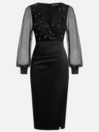 Black Beaded Slit Satin V Neck Long Sleeve Balloon Sleeve Sheath Midi Dress