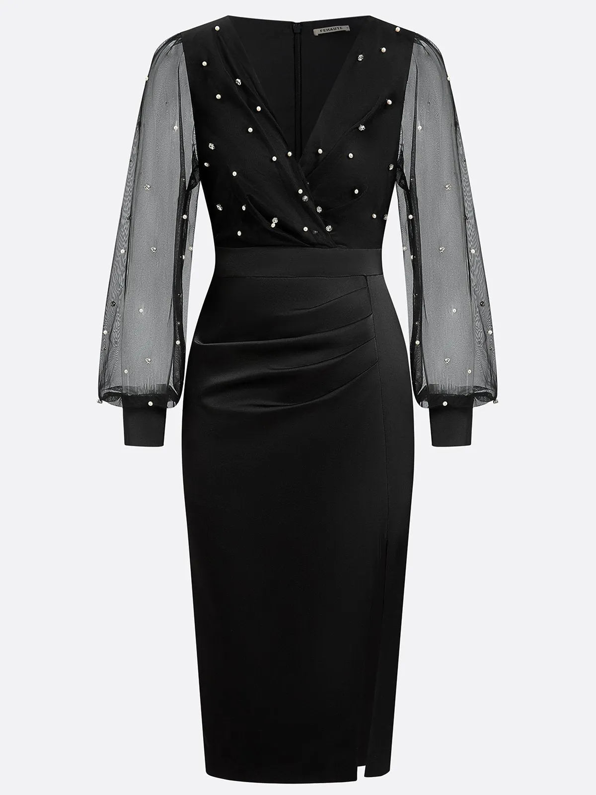Black Beaded Slit Satin V Neck Long Sleeve Balloon Sleeve Sheath Midi Dress