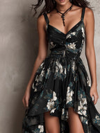Boho Floral Print High-Low Ruffled Midi Dress