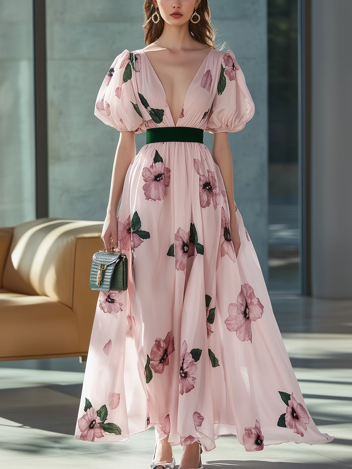 Elegant Pink Chiffon Floral Print Dress with Waist Belt