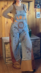 Sun Moon Star Print Patchwork Denim Dungaree Overalls