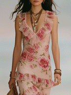 Bohemian Rose Print Ruffle Tiered Maxi Dress