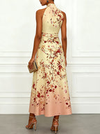 Pale Yellow Floral Classic Halter Mock Neck Sleeveless A-Line Maxi Dress