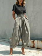 Washed Gray Denim Paperbag Waist Harem Pants