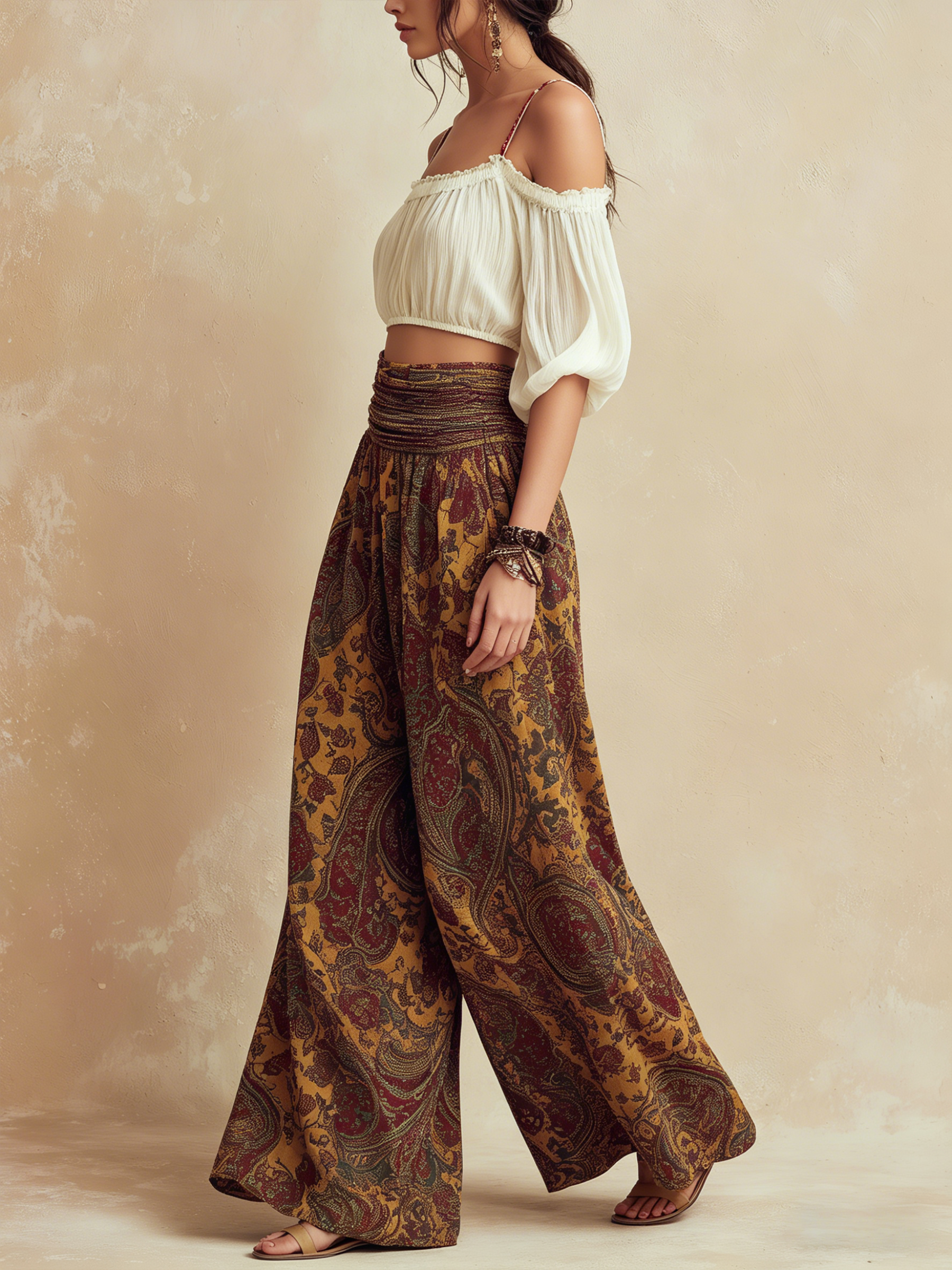 Bohemian Off-Shoulder Two-Piece Set - Flowy Printed Palazzo Pants & Crop Top