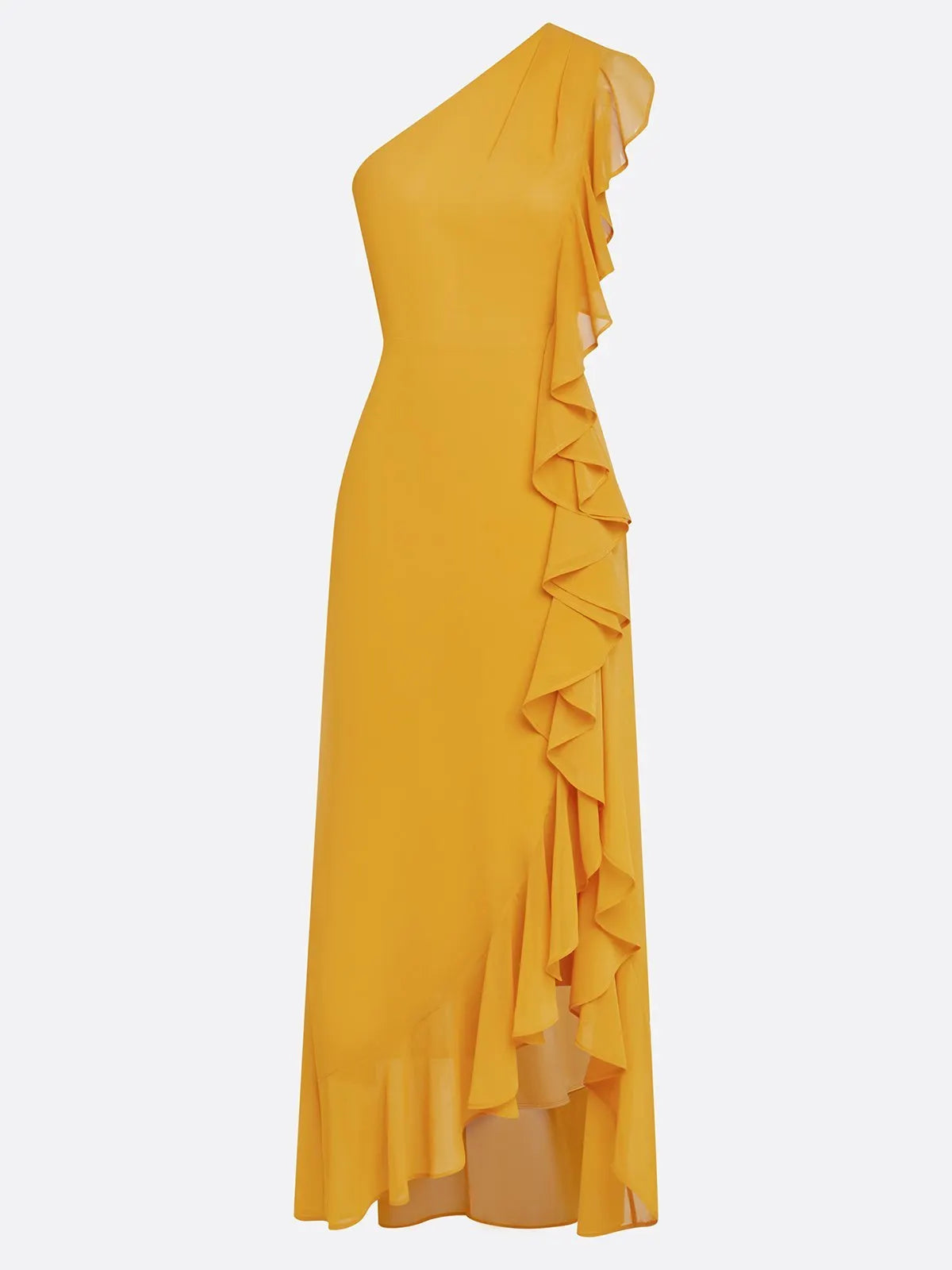 Yellow Peplum Chiffon One Shoulder Sleeveless Sheath Maxi Dress