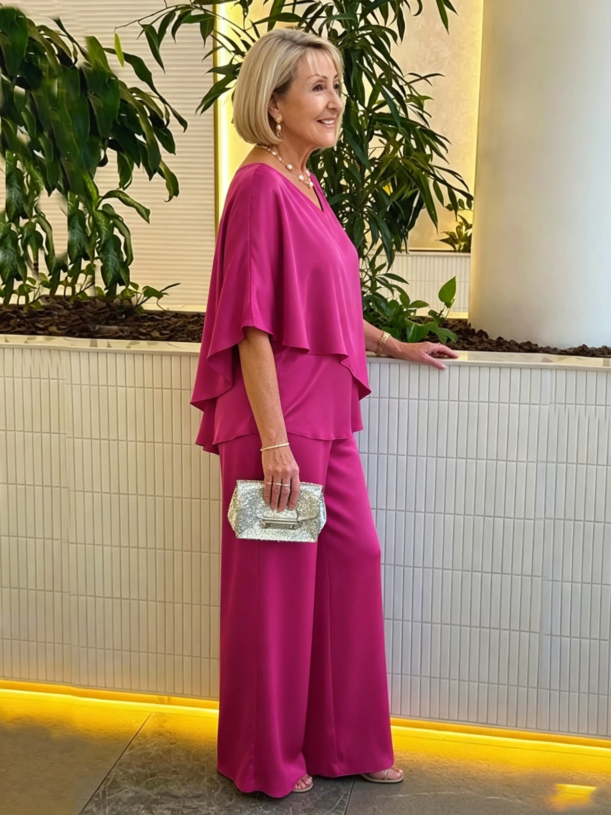 Women's 2 Piece Satin Pantsuit, V Neck Cape Flutter Sleeve Double Layer Tunic Top & Wide Leg Trousers, Elegant Loose Matching Outfit Set for Wedding Guest Formal Occasion