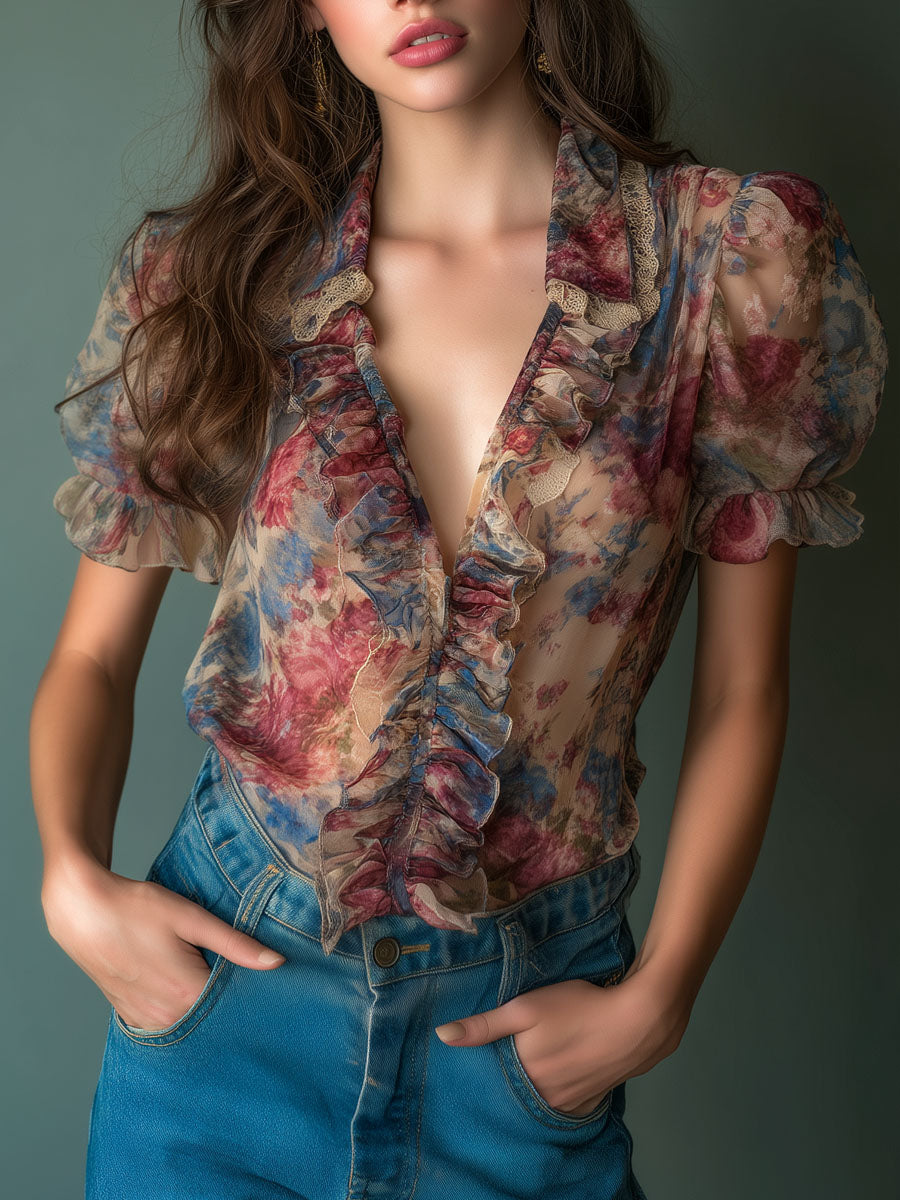 Vintage Sheer Floral Ruffle Puff Sleeve Blouse