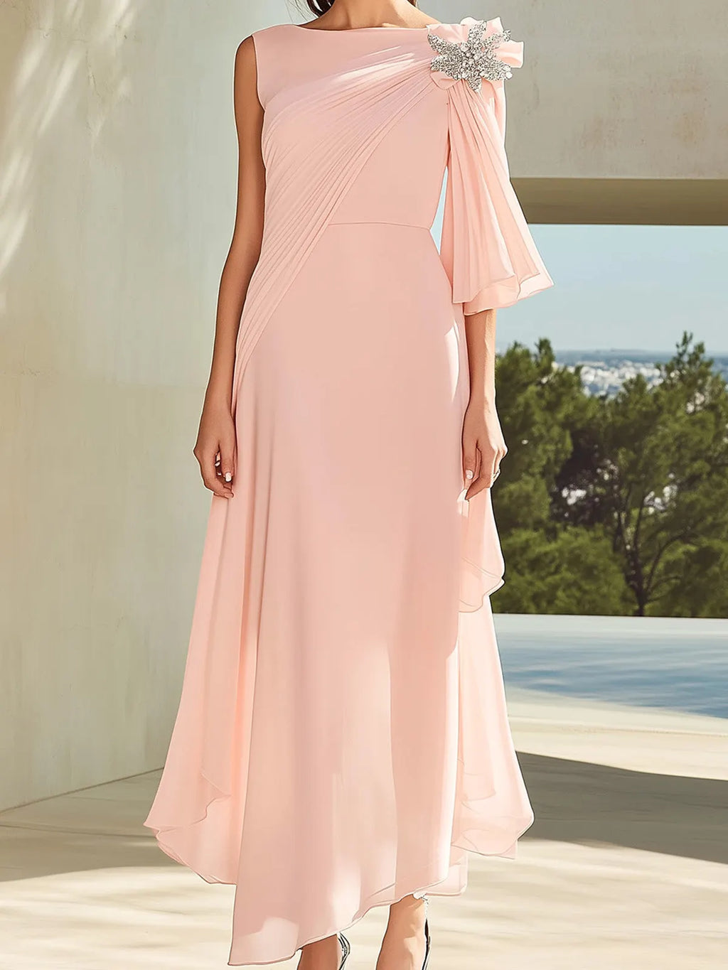 Elegant Pale Pink Chiffon Single-Sleeve Dress with Shoulder Brooch