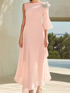 Elegant Pale Pink Chiffon Single-Sleeve Dress with Shoulder Brooch