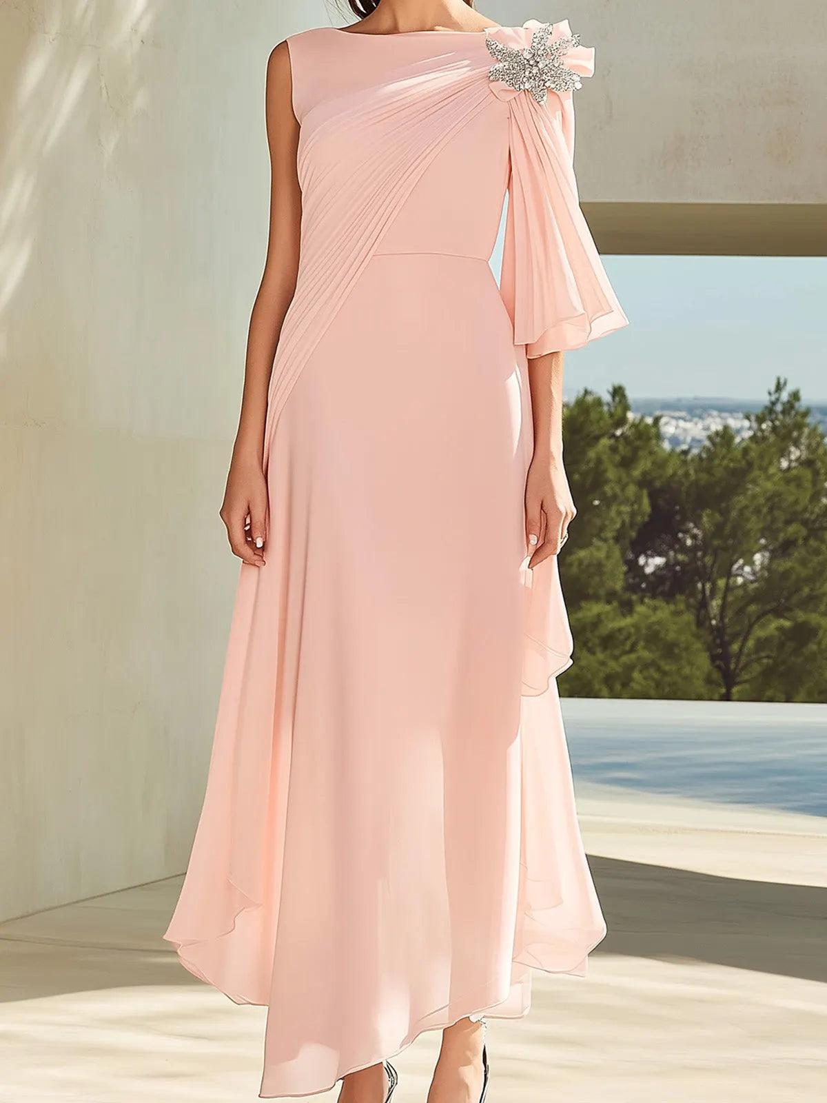 Elegant Pale Pink Chiffon Single-Sleeve Dress with Shoulder Brooch