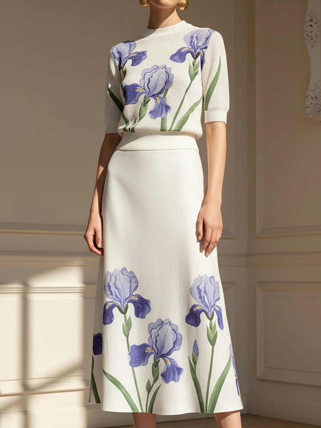 Midi Linen Skirt,  Floral, Vintage, White