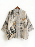 Landscape Painting And Tiger Art Pattern Linen Kimono Cardigan