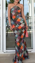Multicolor Scale Rhinestone Halter Mermaid Maxi Dress