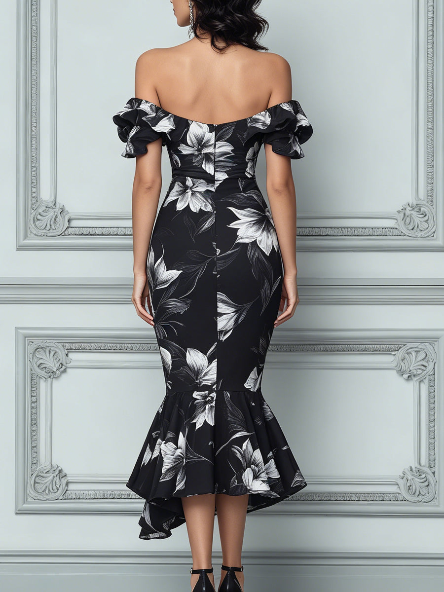 Black And White Floral Off-the-Shoulder Ruffled Midi Dress